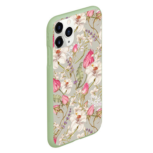 Чехол iPhone 11 Pro матовый Цветы Ностальгические Белые Лилии / 3D-Салатовый – фото 2