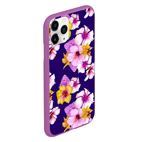 Чехол iPhone 11 Pro матовый Цветы Розовые Гибискус и Оранжевые Ирисы На Синем / 3D-Фиолетовый – фото 2
