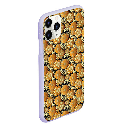 Чехол iPhone 11 Pro матовый Желтые цветочки паттерн / 3D-Светло-сиреневый – фото 2