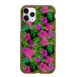 Чехол iPhone 11 Pro матовый Тропические листья и цветы на черном фоне