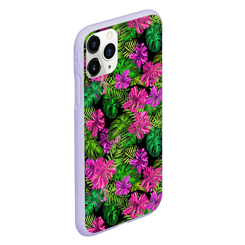 Чехол iPhone 11 Pro матовый Тропические листья и цветы на черном фоне / 3D-Светло-сиреневый – фото 2