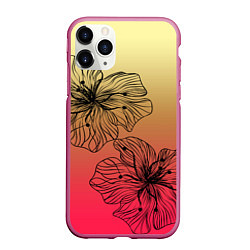 Чехол iPhone 11 Pro матовый Черные абстрактные цветы на красно-желтом градиент, цвет: 3D-малиновый