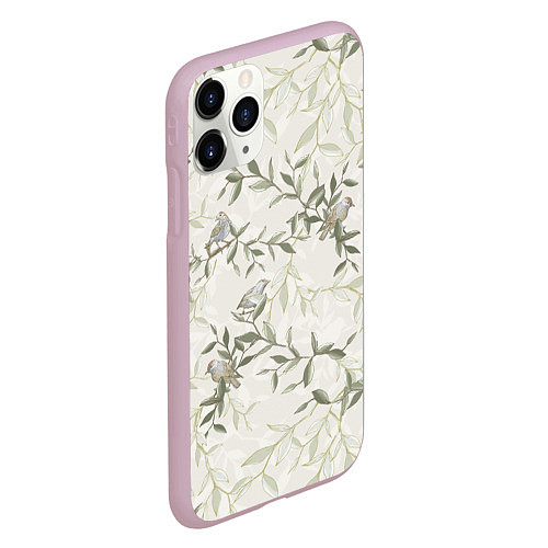 Чехол iPhone 11 Pro матовый Птицы На Ветках С Листьями / 3D-Розовый – фото 2