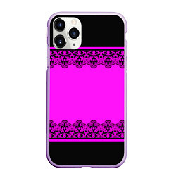 Чехол iPhone 11 Pro матовый Черное кружево на неоновом розовом фоне, цвет: 3D-сиреневый
