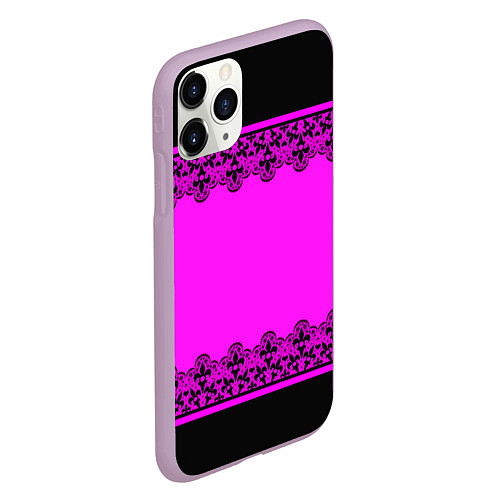 Чехол iPhone 11 Pro матовый Черное кружево на неоновом розовом фоне / 3D-Сиреневый – фото 2