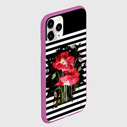 Чехол iPhone 11 Pro матовый Акварельные красные маки на черно-белом полосатом, цвет: 3D-фиолетовый — фото 2