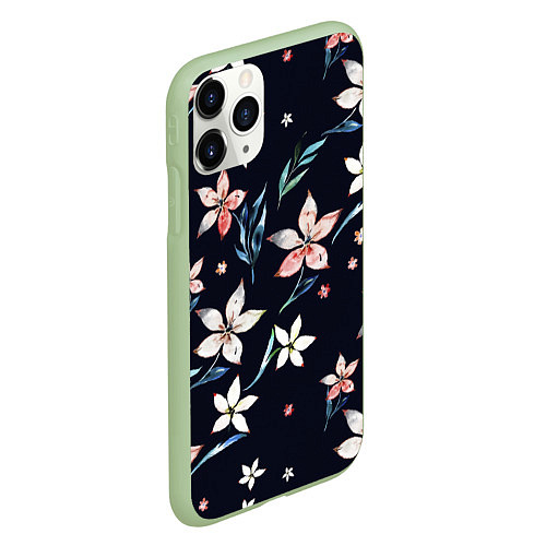 Чехол iPhone 11 Pro матовый Цветы Нарисованные Акварелью На Чёрном Фоне / 3D-Салатовый – фото 2