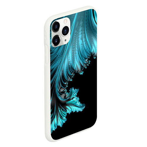 Чехол iPhone 11 Pro матовый Черный с голубым неоновый фрактал Ледяная абстракц / 3D-Белый – фото 2