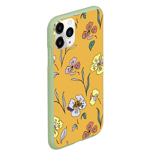 Чехол iPhone 11 Pro матовый Цветы Нарисованные На Золотом Фоне / 3D-Салатовый – фото 2