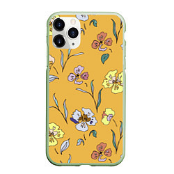 Чехол iPhone 11 Pro матовый Цветы Нарисованные На Золотом Фоне, цвет: 3D-салатовый