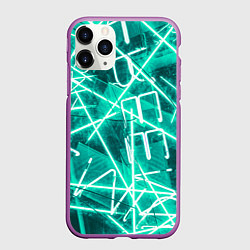 Чехол iPhone 11 Pro матовый Неоновые лучи и неоновые надписи - Светло-зелёный, цвет: 3D-фиолетовый