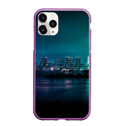 Чехол iPhone 11 Pro матовый Неоновый город с рекой - Светло-зелёный, цвет: 3D-фиолетовый