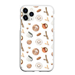 Чехол iPhone 11 Pro матовый Узор Кружка, Печенье, Пончик, цвет: 3D-белый