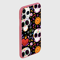 Чехол iPhone 11 Pro матовый Веселые черепа в цветах, цвет: 3D-малиновый — фото 2