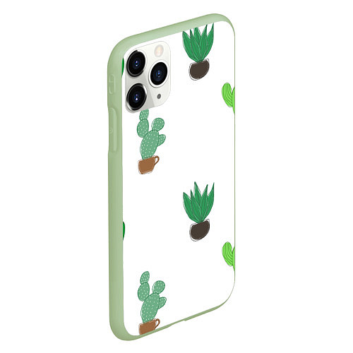 Чехол iPhone 11 Pro матовый Кактусы в горшках, паттерн / 3D-Салатовый – фото 2