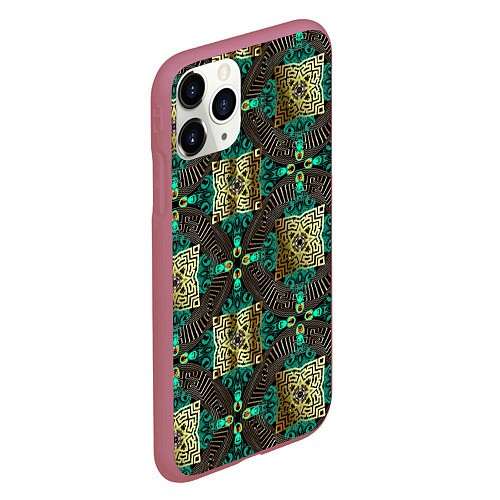 Чехол iPhone 11 Pro матовый Золотые и зеленые квадраты абстракция / 3D-Малиновый – фото 2