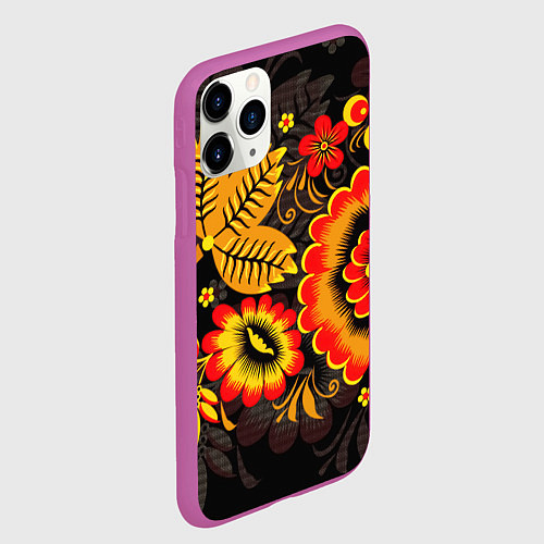 Чехол iPhone 11 Pro матовый Хохломская Роспись Цветы На Тёмном Фоне / 3D-Фиолетовый – фото 2
