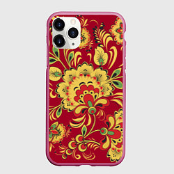 Чехол iPhone 11 Pro матовый Хохломская Роспись Цветы На красном Фоне, цвет: 3D-малиновый