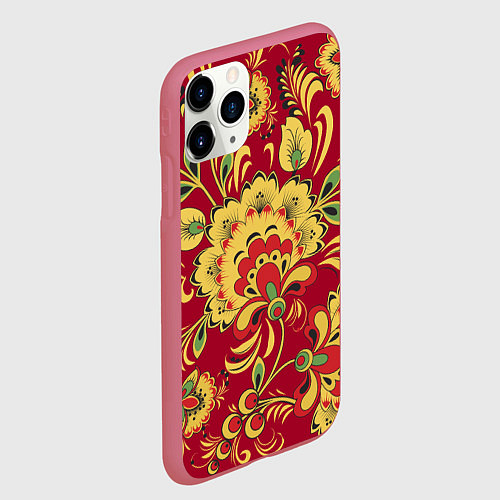 Чехол iPhone 11 Pro матовый Хохломская Роспись Цветы На красном Фоне / 3D-Малиновый – фото 2