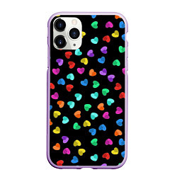 Чехол iPhone 11 Pro матовый Сердечки разноцветные на черном, цвет: 3D-сиреневый