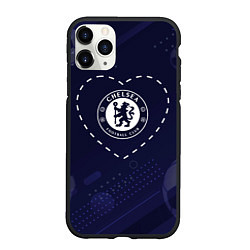 Чехол iPhone 11 Pro матовый Лого Chelsea в сердечке на фоне мячей, цвет: 3D-черный