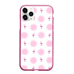 Чехол iPhone 11 Pro матовый Фламинго и круги на белом фоне, цвет: 3D-малиновый