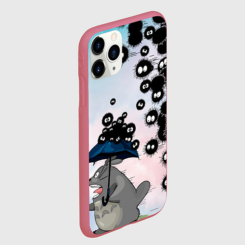 Чехол iPhone 11 Pro матовый Тоторо бегущий от чернушек / 3D-Малиновый – фото 2