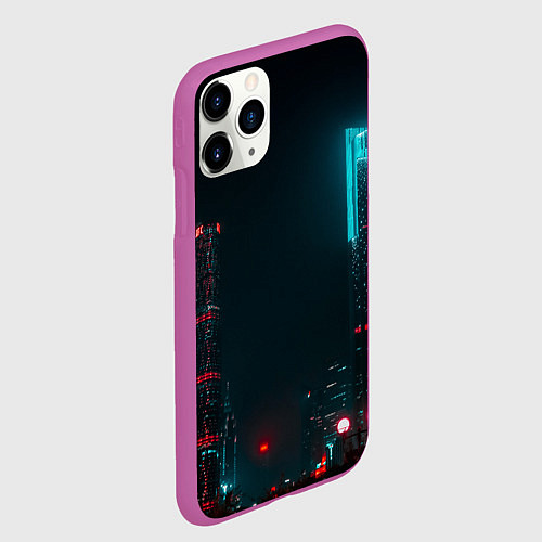 Чехол iPhone 11 Pro матовый Неоновые высотки в городе - Светло-синий / 3D-Фиолетовый – фото 2