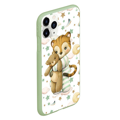 Чехол iPhone 11 Pro матовый Тигренок с мишкой на белом / 3D-Салатовый – фото 2