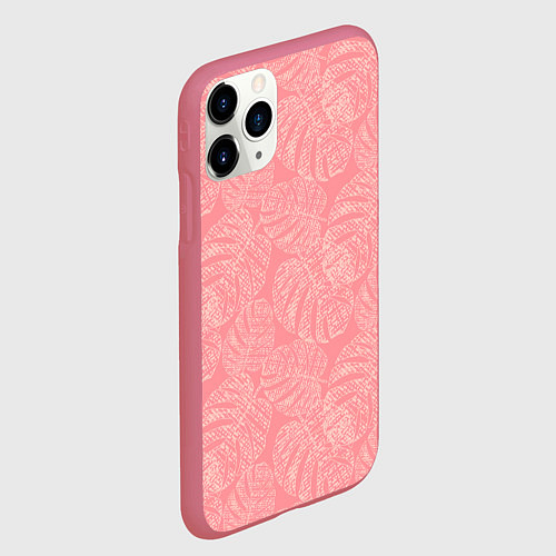 Чехол iPhone 11 Pro матовый Бежевые листья монстеры на розовом / 3D-Малиновый – фото 2