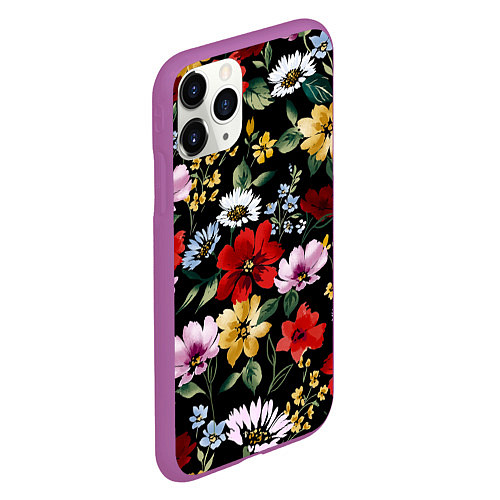 Чехол iPhone 11 Pro матовый Цветы на черном фоне паттерн / 3D-Фиолетовый – фото 2