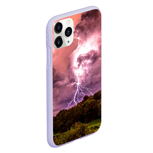 Чехол iPhone 11 Pro матовый Грозовые разряды молний над лесным озером / 3D-Светло-сиреневый – фото 2