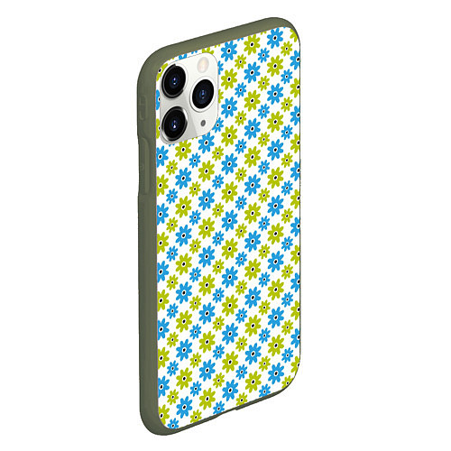 Чехол iPhone 11 Pro матовый Зеленые и синие цветочки / 3D-Темно-зеленый – фото 2