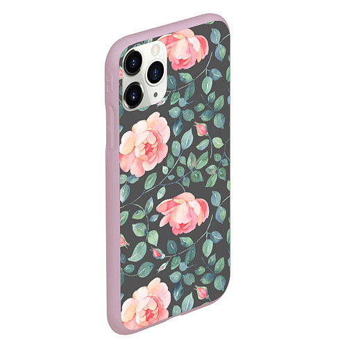 Чехол iPhone 11 Pro матовый Розовые розы на сером фоне Цветы / 3D-Розовый – фото 2