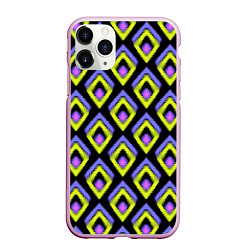 Чехол iPhone 11 Pro матовый Yellow-pink rhombuses on black, цвет: 3D-розовый