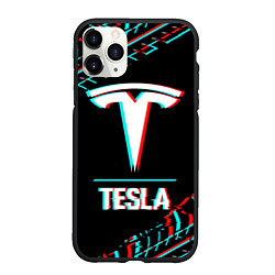 Чехол iPhone 11 Pro матовый Значок Tesla в стиле Glitch на темном фоне, цвет: 3D-черный