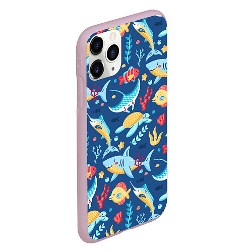 Чехол iPhone 11 Pro матовый Акула, скат и другие обитатели океана - лето / 3D-Розовый – фото 2