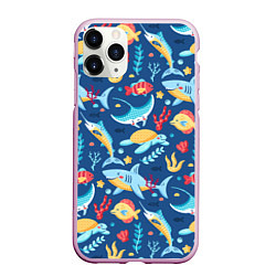 Чехол iPhone 11 Pro матовый Акула, скат и другие обитатели океана - лето, цвет: 3D-розовый