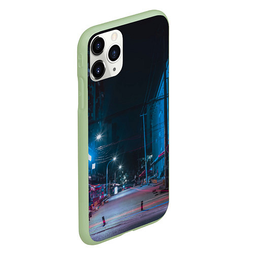 Чехол iPhone 11 Pro матовый Неоновая пустая улица города - Синий / 3D-Салатовый – фото 2