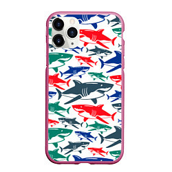 Чехол iPhone 11 Pro матовый Стая разноцветных акул - паттерн, цвет: 3D-малиновый