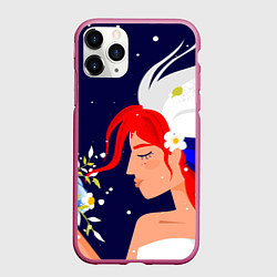 Чехол iPhone 11 Pro матовый Русская девушка с триколором на волосах, цвет: 3D-малиновый