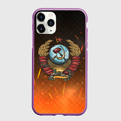 Чехол iPhone 11 Pro матовый Герб СССР на фоне огня, цвет: 3D-фиолетовый