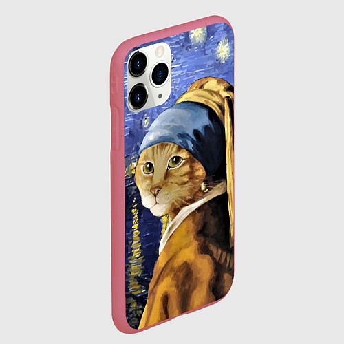 Чехол iPhone 11 Pro матовый Прикол с котом: пародия картина / 3D-Малиновый – фото 2