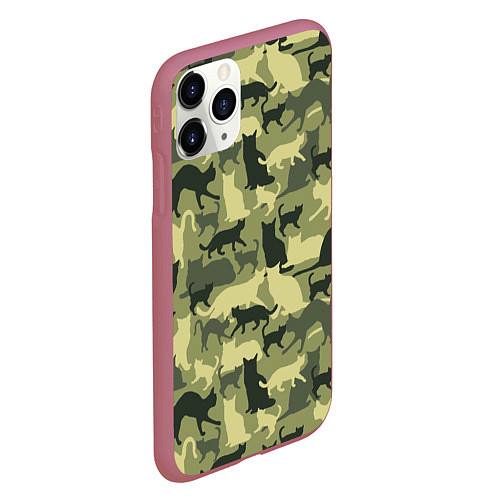 Чехол iPhone 11 Pro матовый Кошачий камуфляж в зеленой гамме / 3D-Малиновый – фото 2