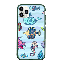 Чехол iPhone 11 Pro матовый Кит, черепаха, акула и другие обитатели океана, цвет: 3D-темно-зеленый