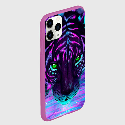 Чехол iPhone 11 Pro матовый Светящийся неоновый тигр / 3D-Фиолетовый – фото 2