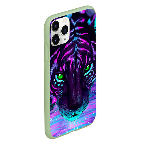Чехол iPhone 11 Pro матовый Светящийся неоновый тигр / 3D-Салатовый – фото 2