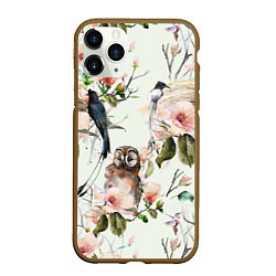 Чехол iPhone 11 Pro матовый Цветы Нарисованные Магнолии и Птицы, цвет: 3D-коричневый