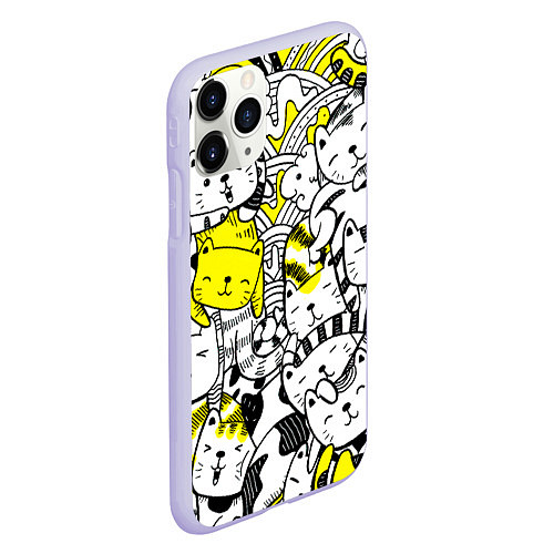 Чехол iPhone 11 Pro матовый Милые Чёрные и Жёлтые Коты / 3D-Светло-сиреневый – фото 2