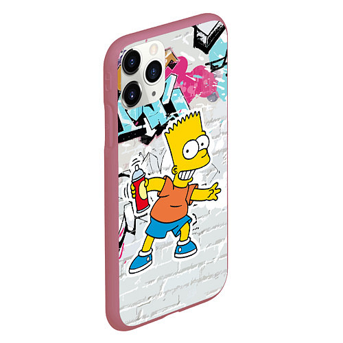 Чехол iPhone 11 Pro матовый Барт Симпсон на фоне стены с граффити / 3D-Малиновый – фото 2